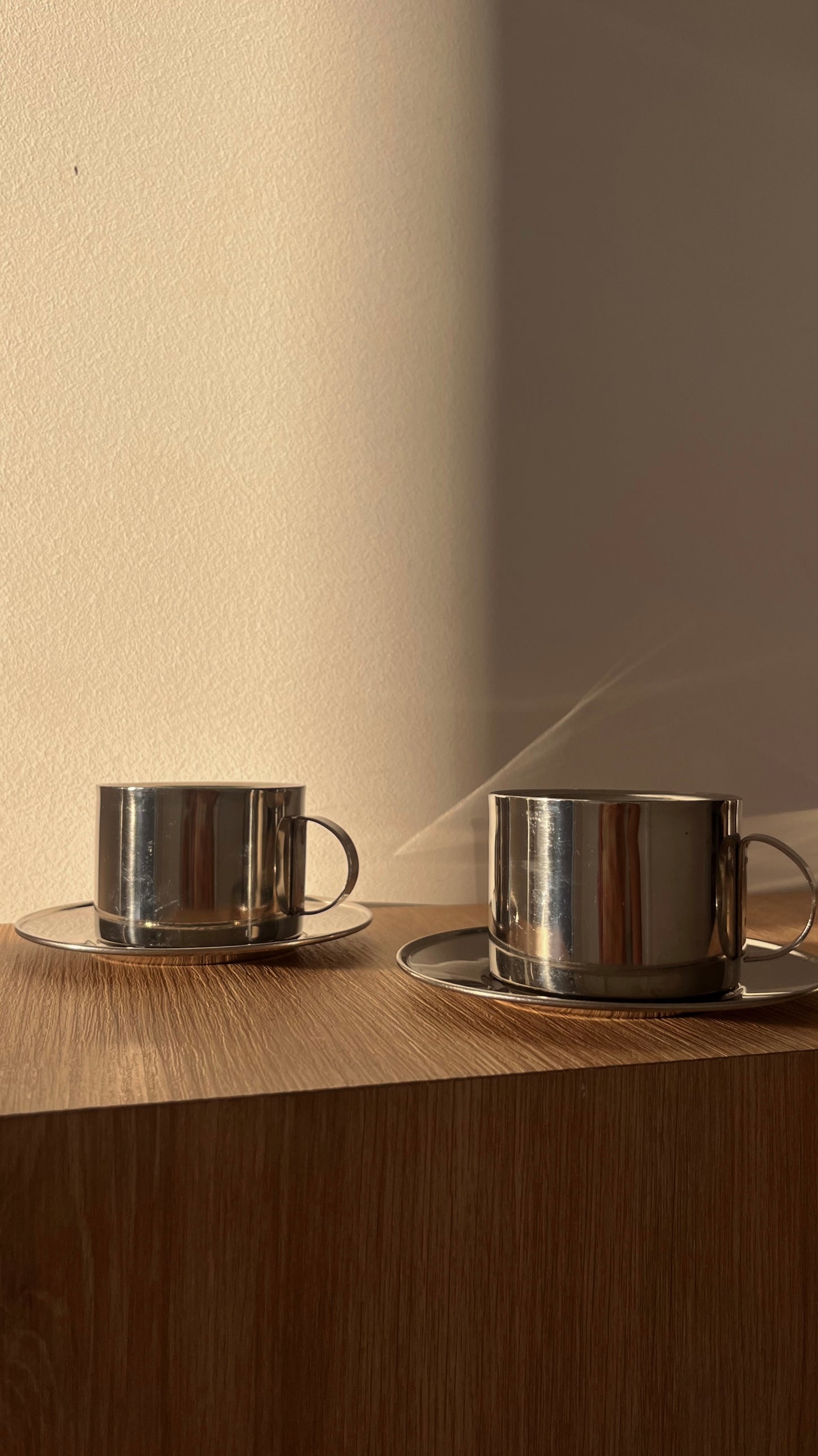 Vintage Stainless Steel Cup & Saucer Set (2) — Unmarked, Mid-Century Style