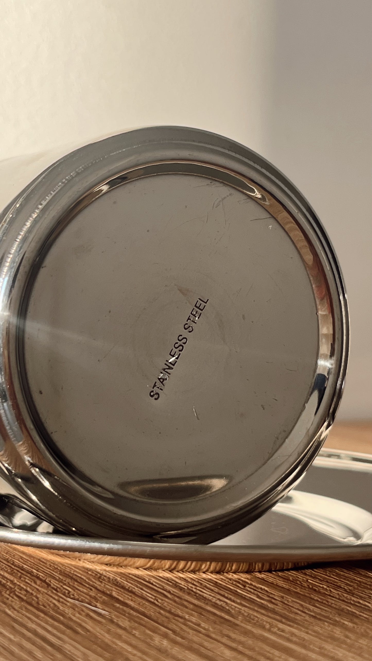 Vintage Stainless Steel Cup & Saucer Set (2) — Unmarked, Mid-Century Style