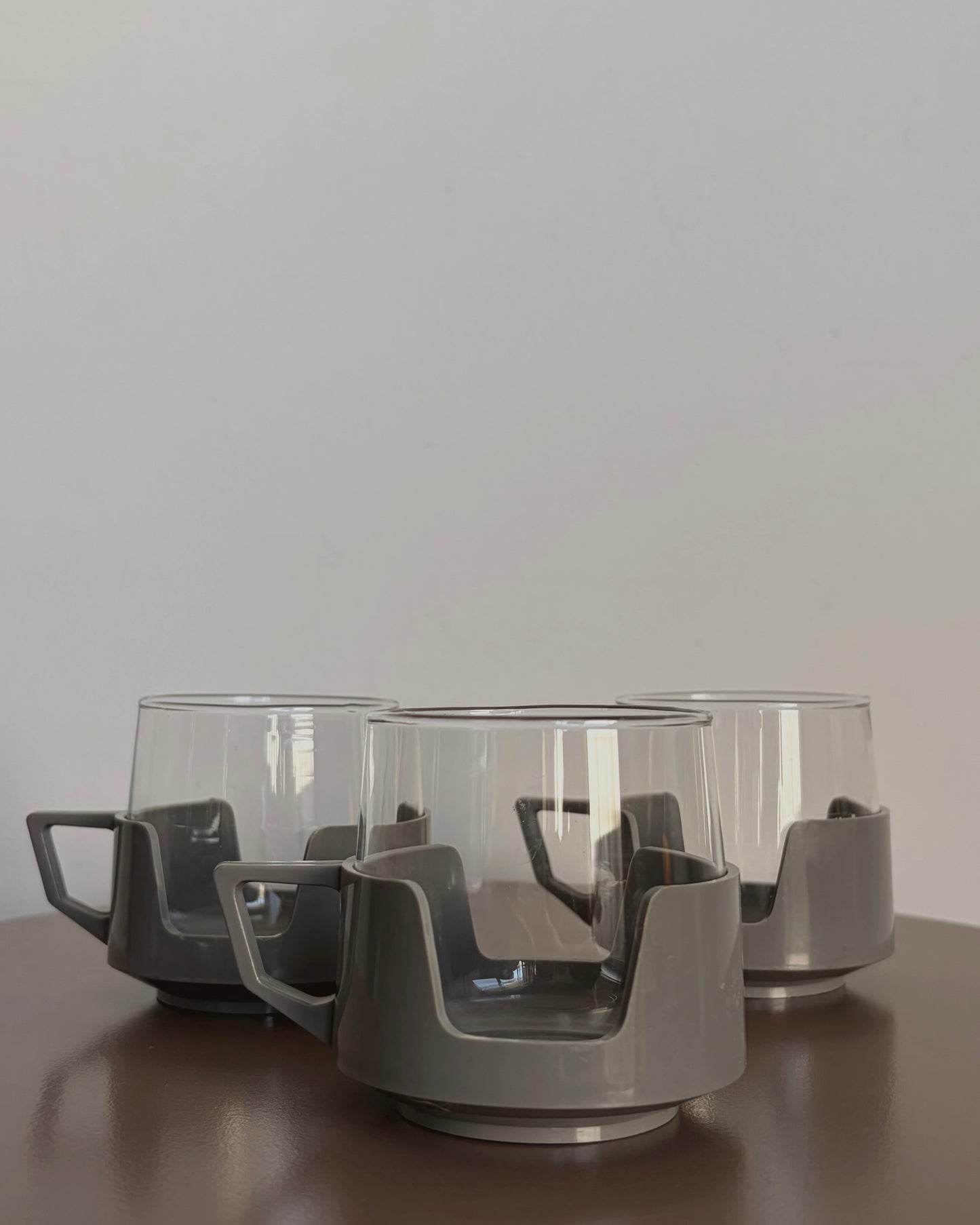 Vintage JAJ Drinkups Glass Cups with Grey Holders