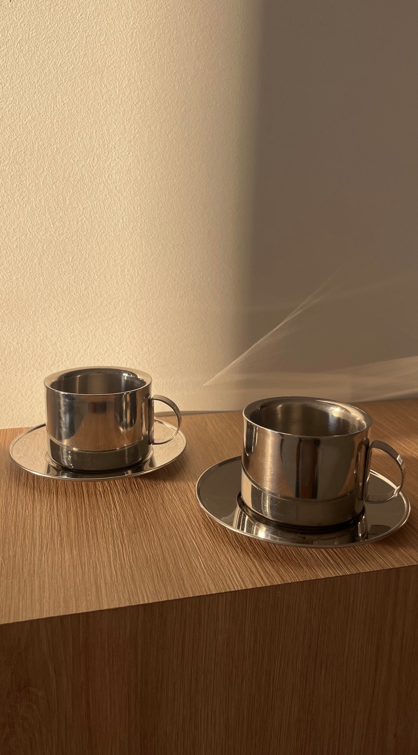 Vintage Stainless Steel Cup & Saucer Set (2) — Unmarked, Mid-Century Style
