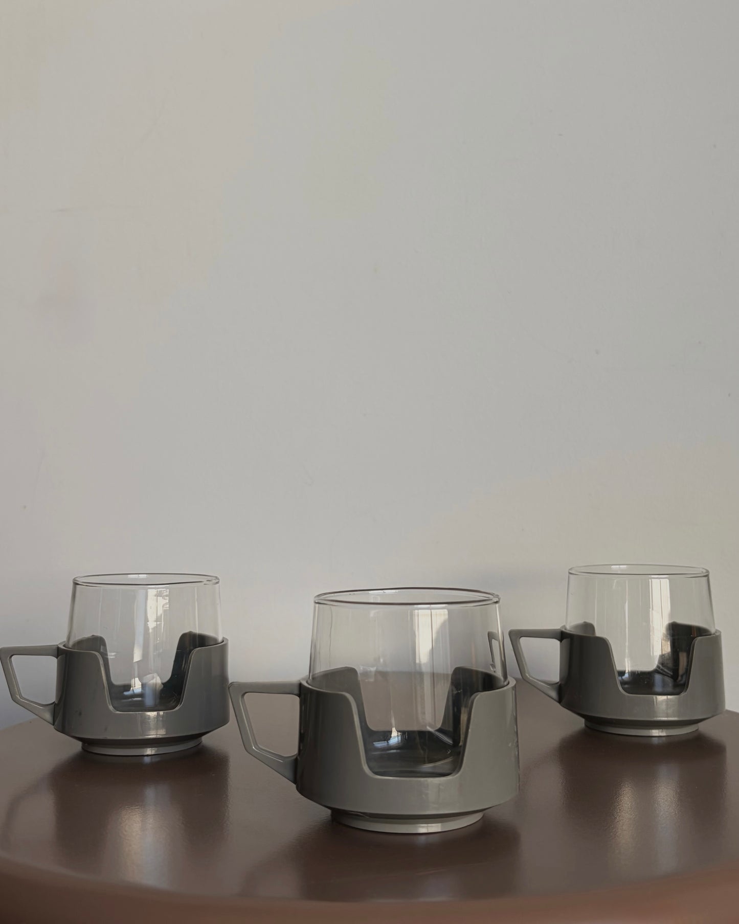 Vintage JAJ Drinkups Glass Cups with Grey Holders