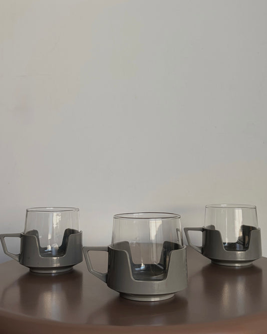 Vintage JAJ Drinkups Glass Cups with Grey Holders