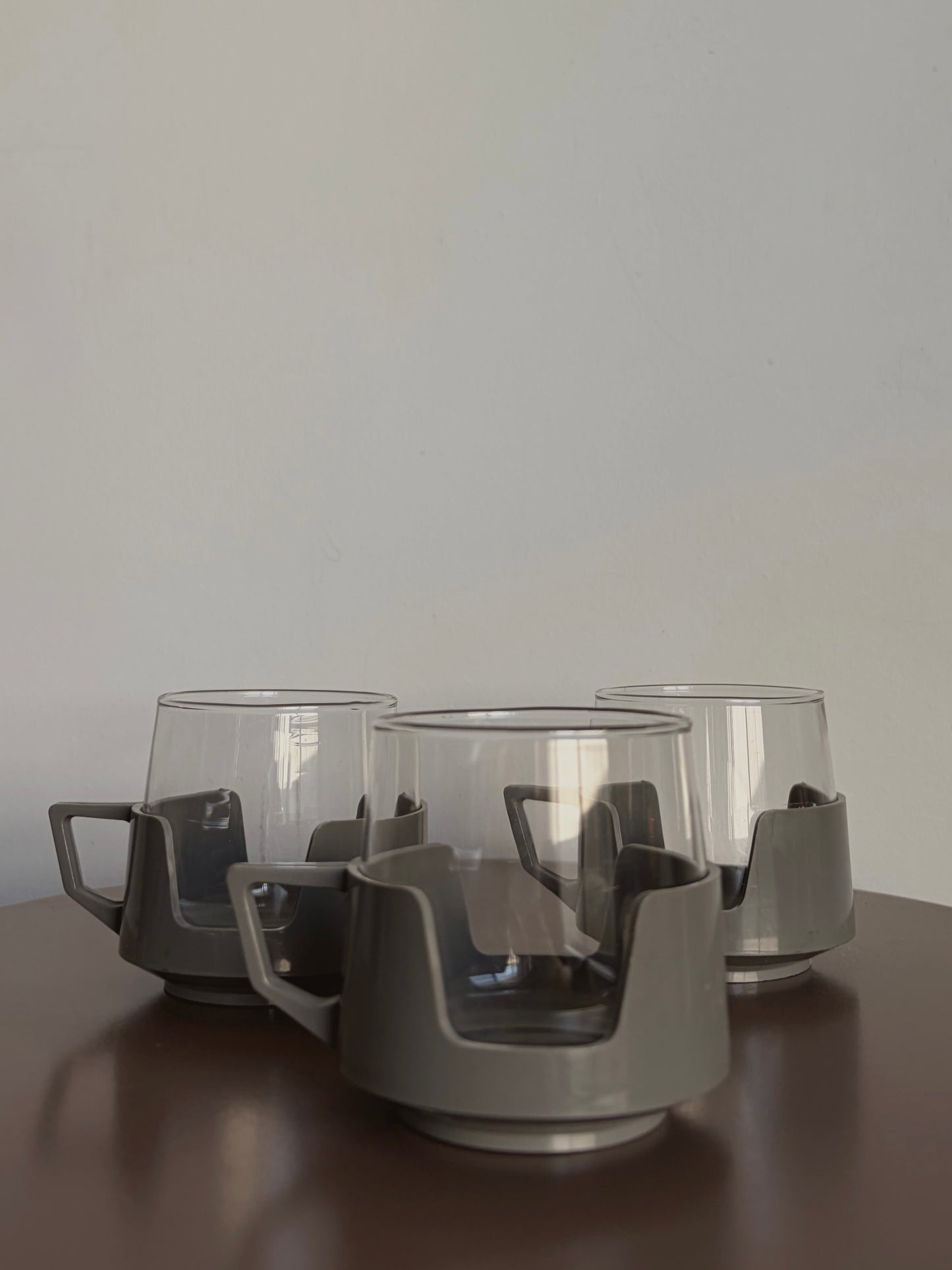 Vintage JAJ Drinkups Glass Cups with Grey Holders